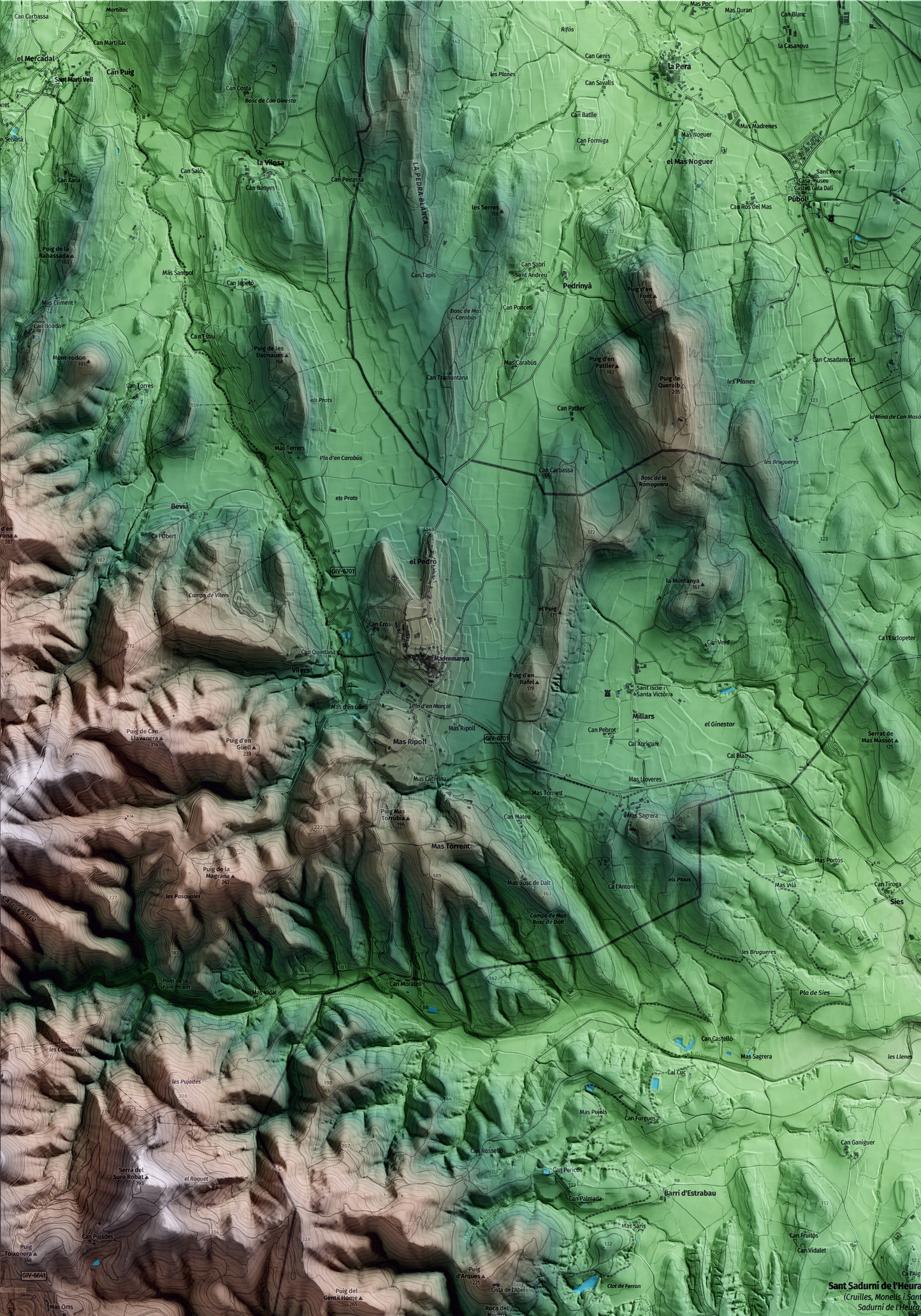 Mapa artístico del relieve de Cruïlles, Monells i Sant Sadurní de l'Heura, al Baix Empordà, con 15 km de entorno y base topográfica ICGC. Detalle de la zona superior izquierda.