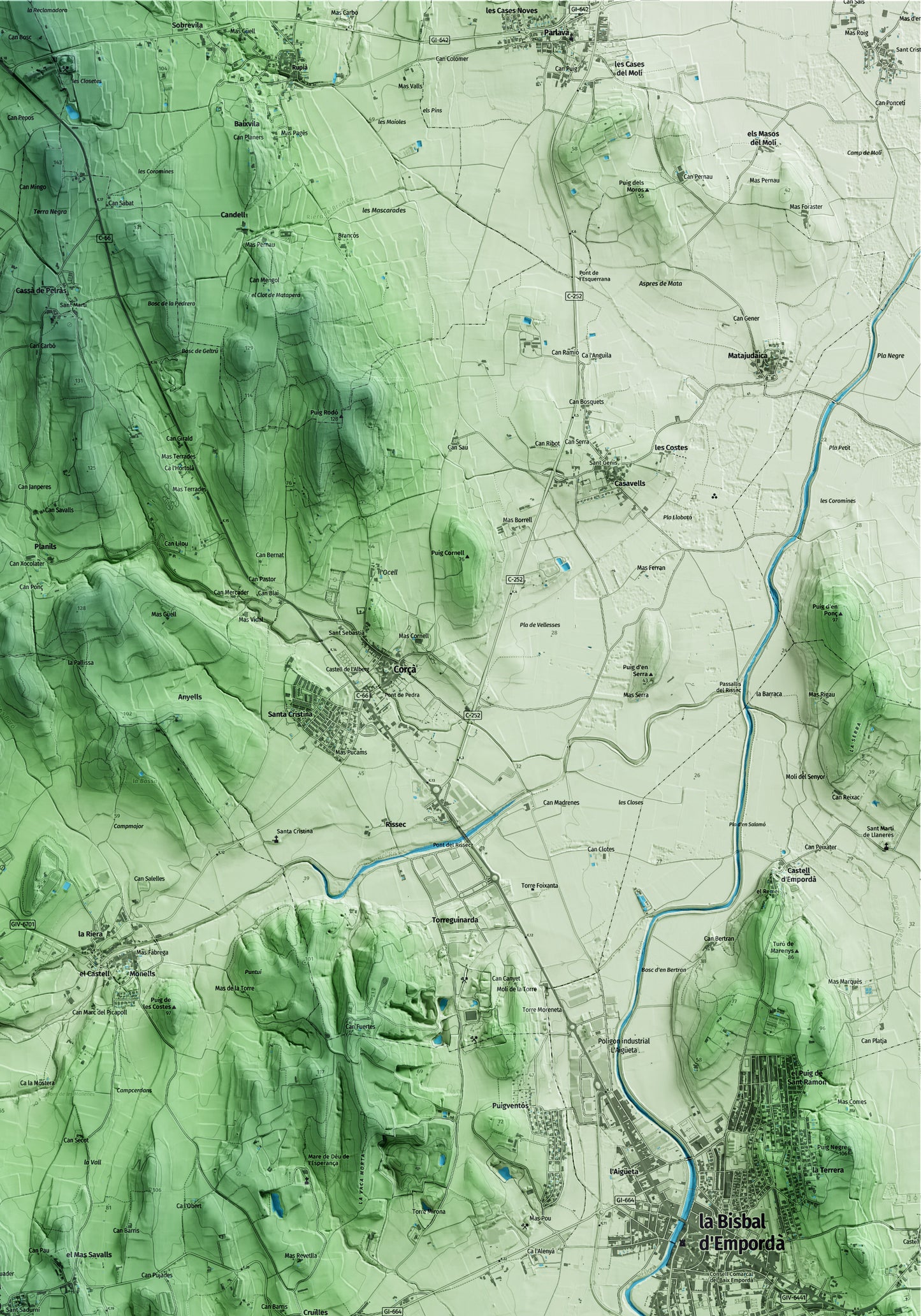Mapa artístico del relieve de Cruïlles, Monells i Sant Sadurní de l'Heura, al Baix Empordà, con 15 km de entorno y base topográfica ICGC. Detalle de la zona superior derecha.