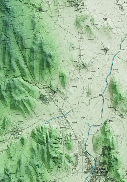 Mapa artístico del relieve de Cruïlles, Monells i Sant Sadurní de l'Heura, al Baix Empordà, con 15 km de entorno y base topográfica ICGC. Detalle de la zona superior derecha.