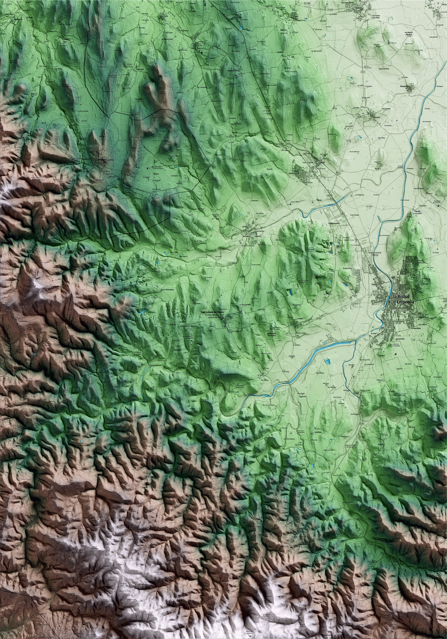 Mapa artístico del relieve de Cruïlles, Monells i Sant Sadurní de l'Heura, al Baix Empordà, con 15 km de entorno y base topográfica ICGC