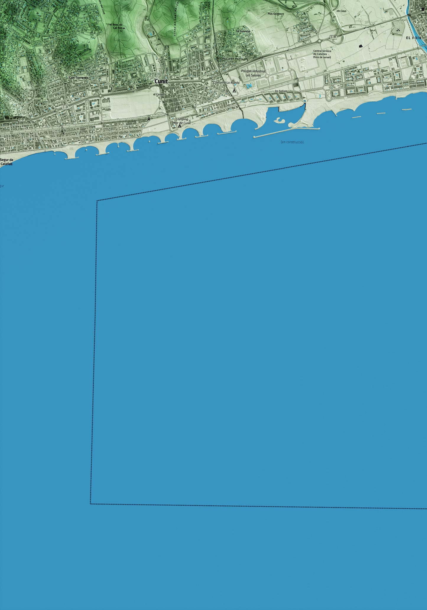 Mapa artístico del relieve de Cubelles, al Garraf, con 15 km de entorno y base topográfica ICGC. Detalle de la zona inferior izquierda.