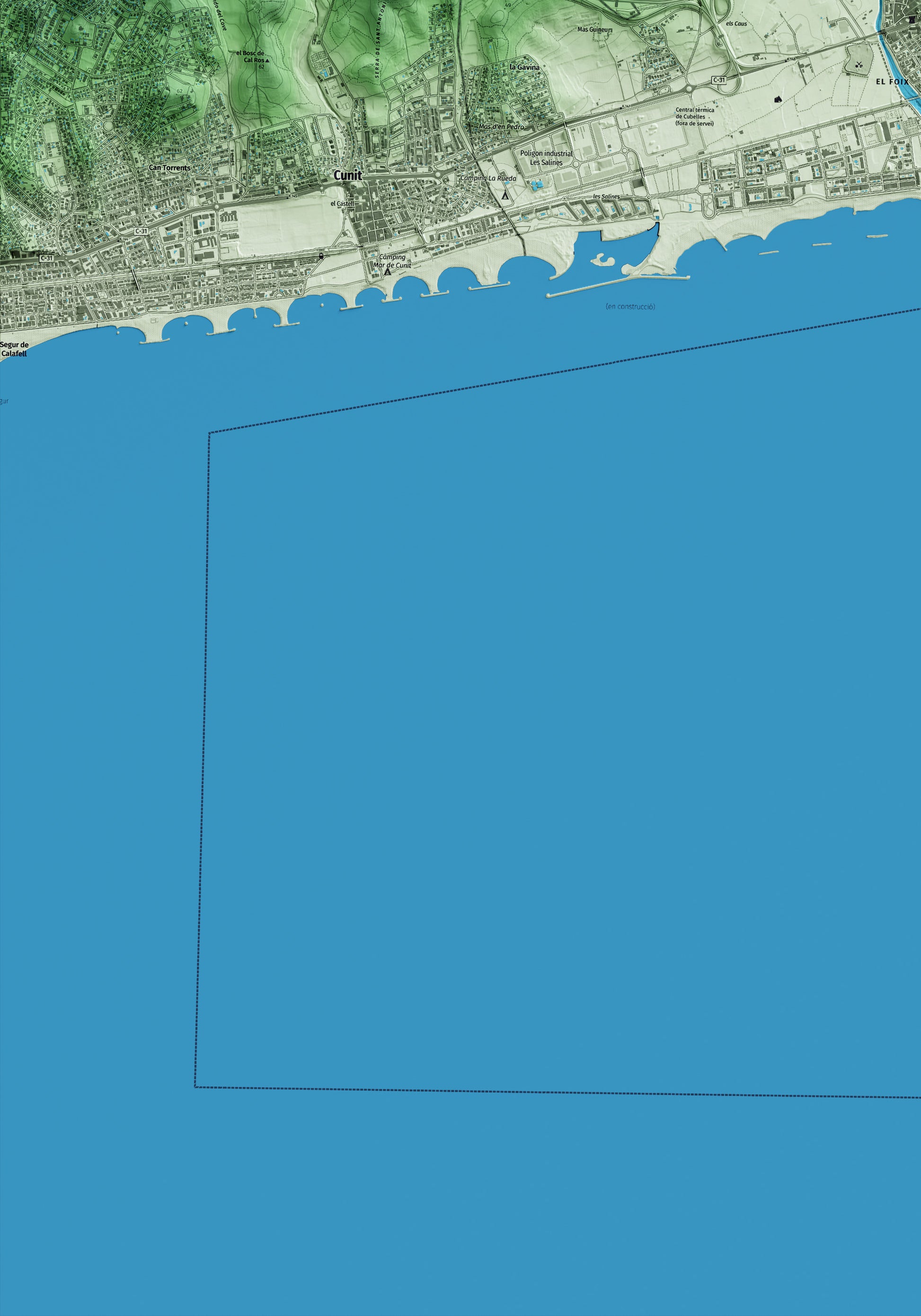 Mapa artístico del relieve de Cubelles, al Garraf, con 15 km de entorno y base topográfica ICGC. Detalle de la zona inferior izquierda.