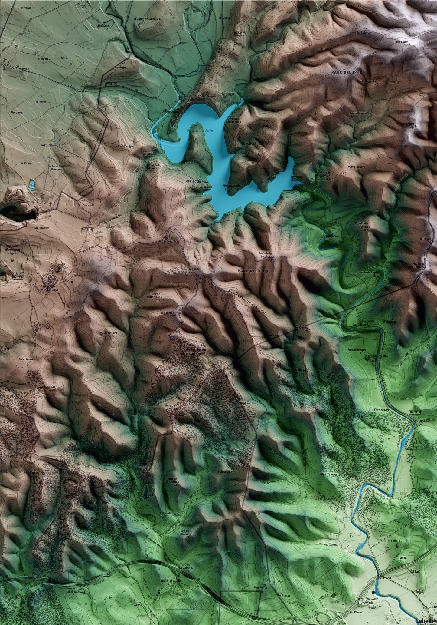 Mapa artístico del relieve de Cubelles, al Garraf, con 15 km de entorno y base topográfica ICGC. Detalle de la zona superior izquierda.