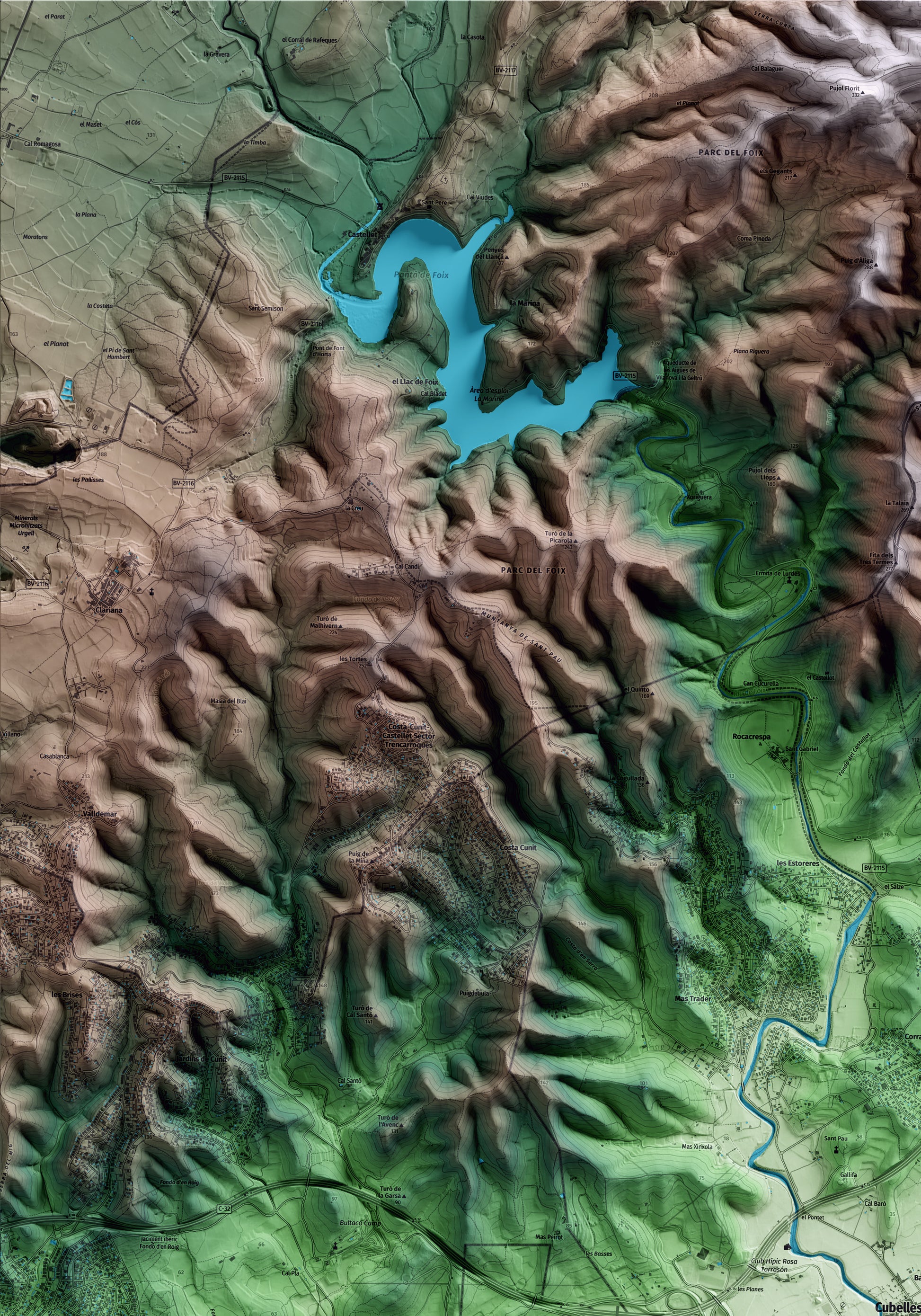 Mapa artístico del relieve de Cubelles, al Garraf, con 15 km de entorno y base topográfica ICGC. Detalle de la zona superior izquierda.