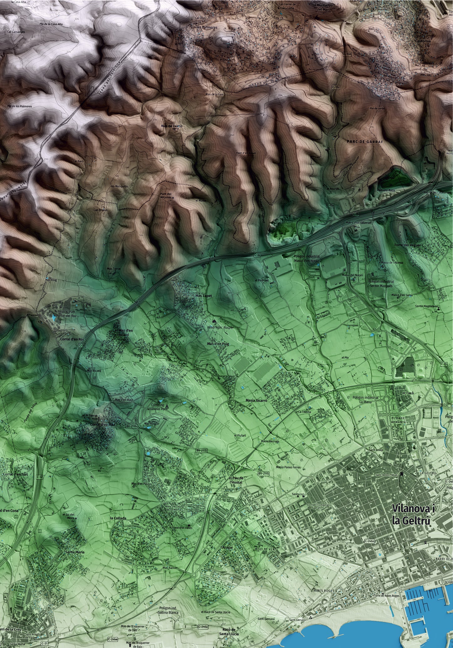 Mapa artístico del relieve de Cubelles, al Garraf, con 15 km de entorno y base topográfica ICGC. Detalle de la zona superior derecha.