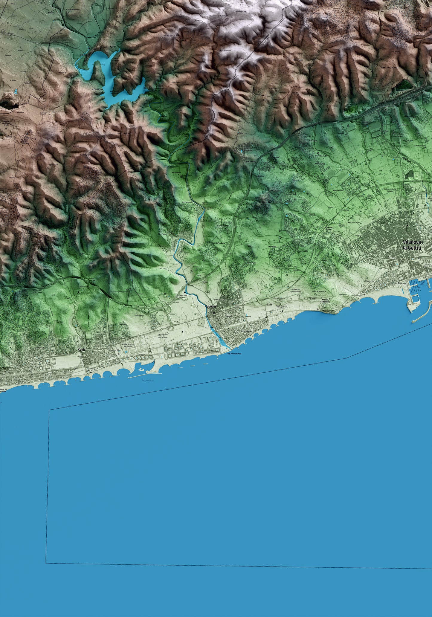 Mapa artístico del relieve de Cubelles, al Garraf, con 15 km de entorno y base topográfica ICGC