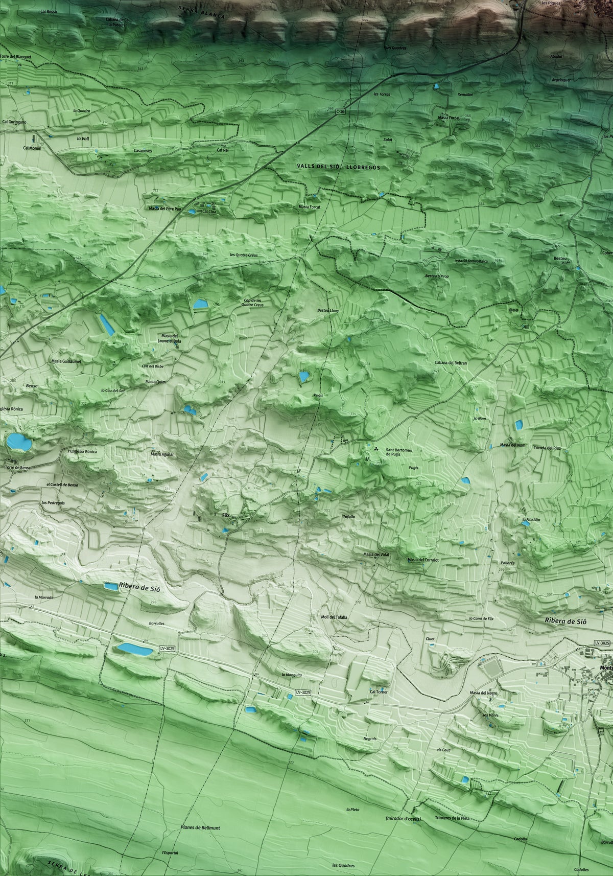 Mapa artístico del relieve de Cubells, a la Noguera, con 15 km de entorno y base topográfica ICGC. Detalle de la zona inferior izquierda.