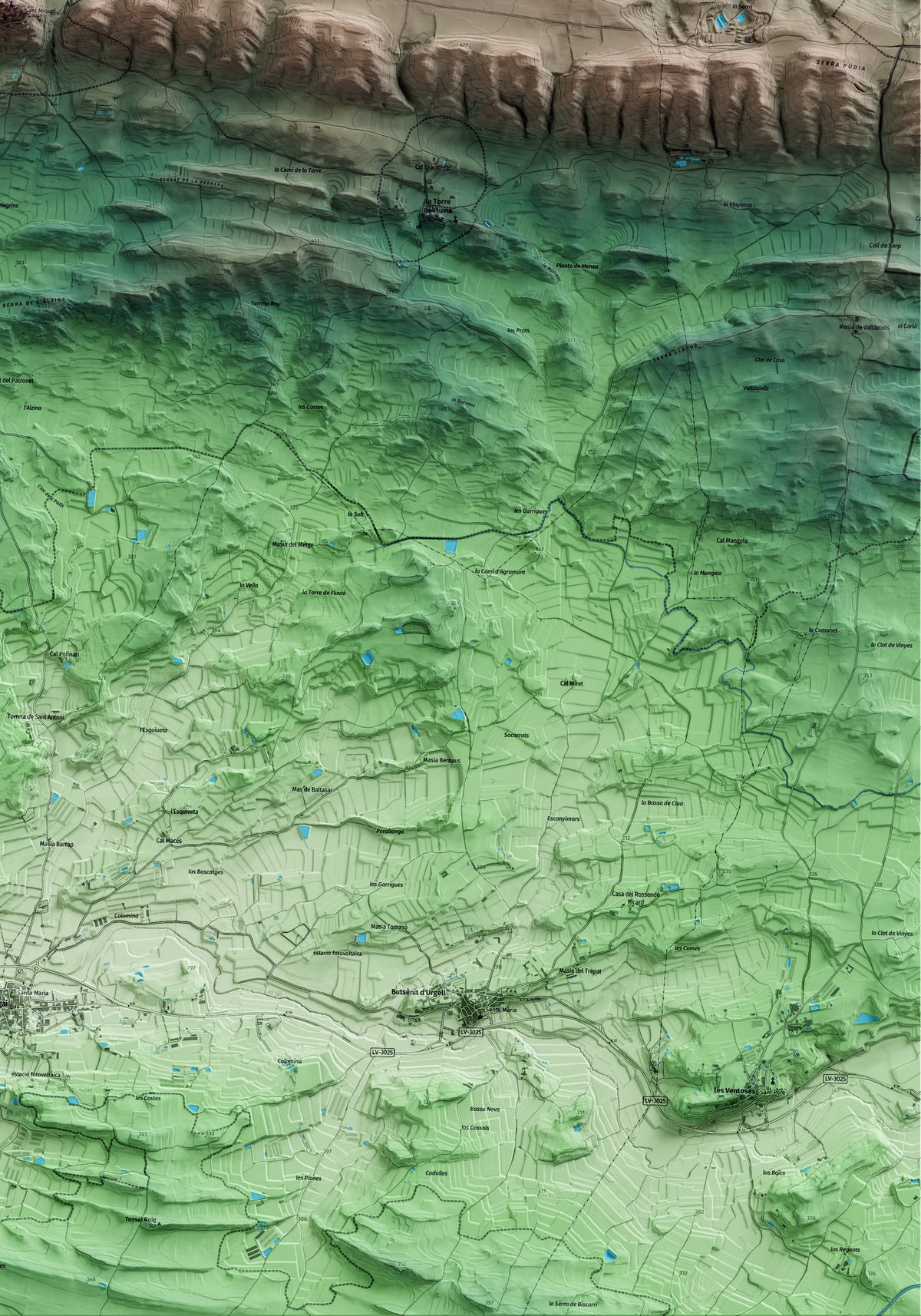 Mapa artístico del relieve de Cubells, a la Noguera, con 15 km de entorno y base topográfica ICGC. Detalle de la zona inferior derecha.
