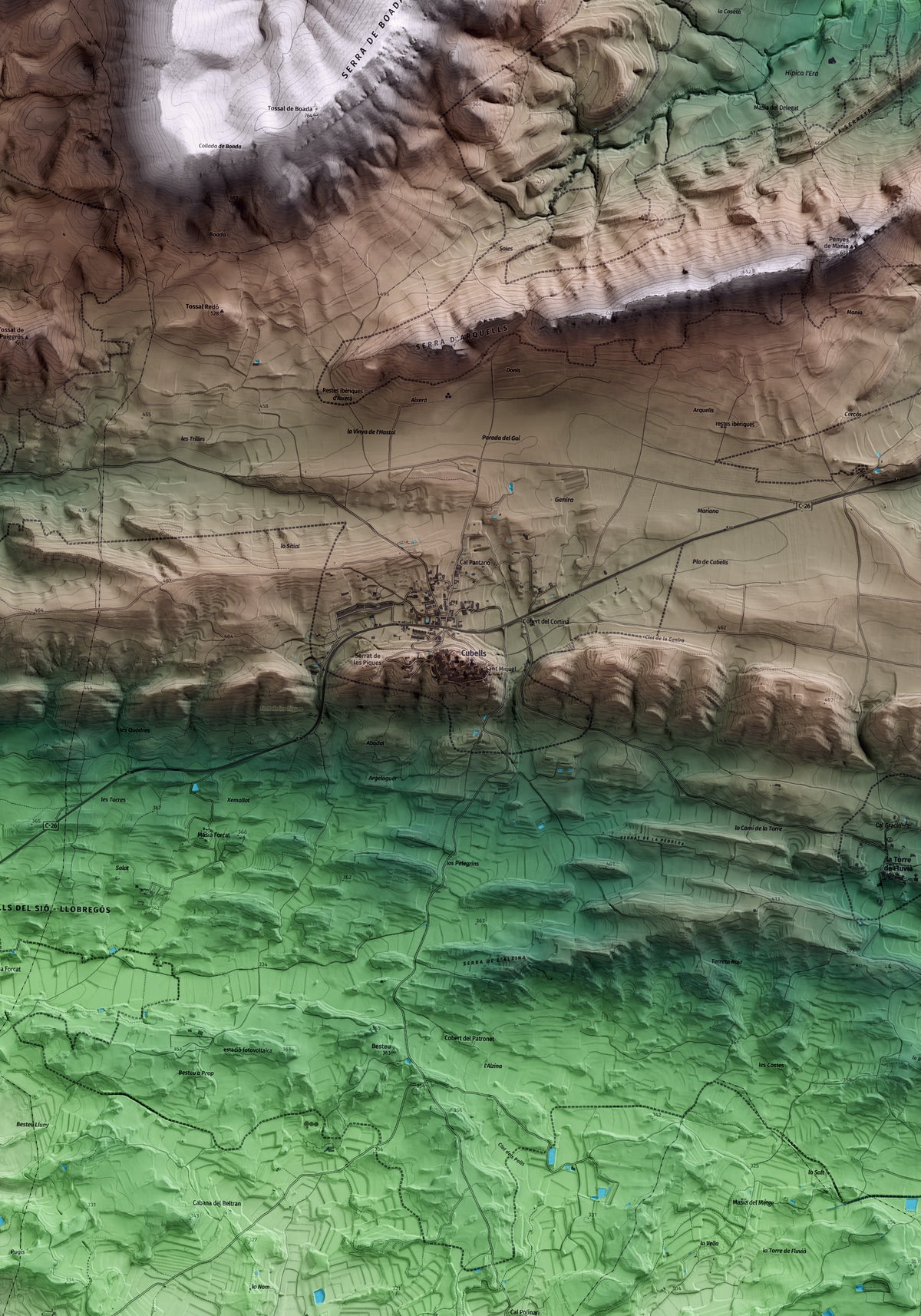 Mapa artístico del relieve de Cubells, a la Noguera, con 15 km de entorno y base topográfica ICGC. Detalle de la zona central.