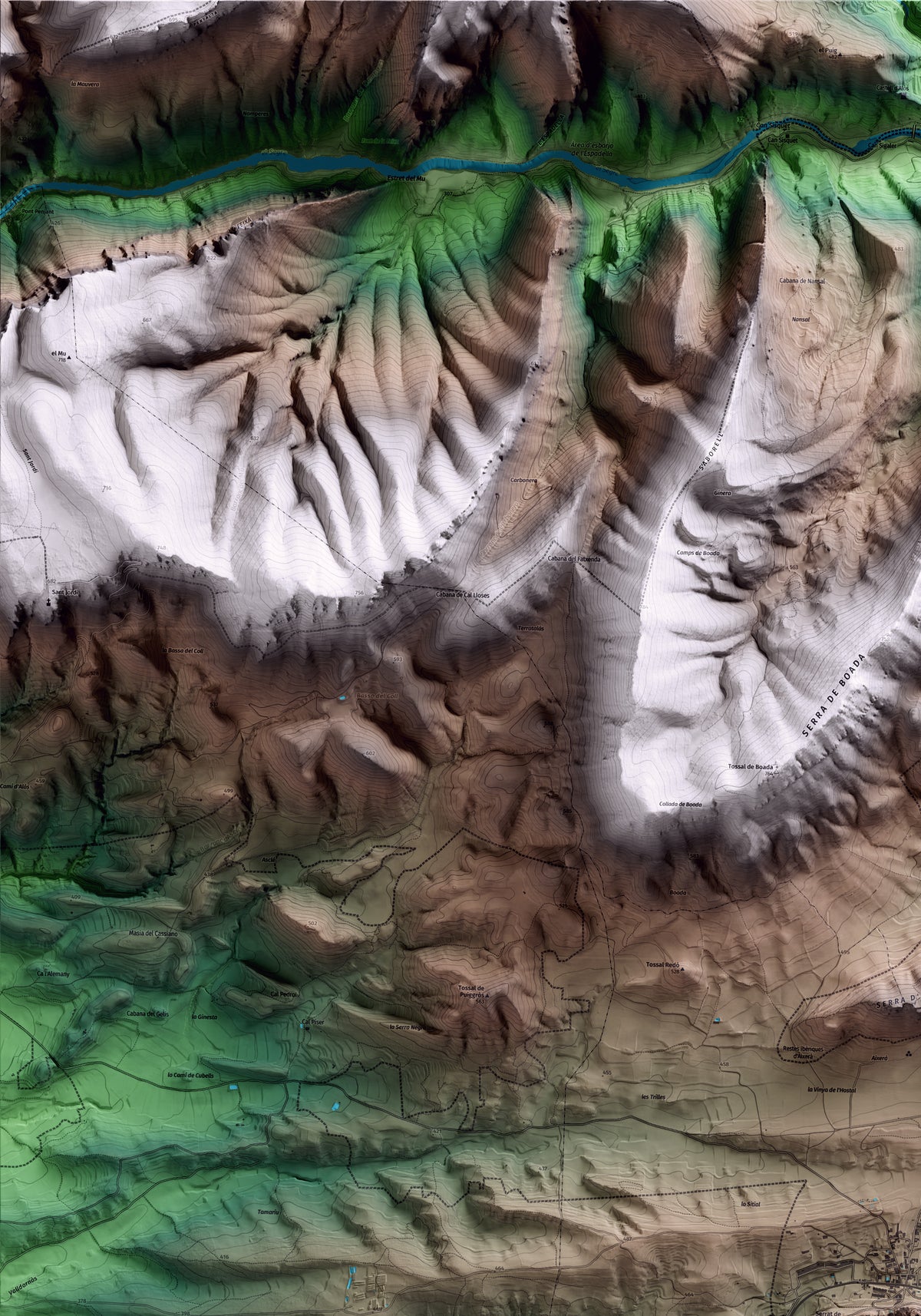 Mapa artístico del relieve de Cubells, a la Noguera, con 15 km de entorno y base topográfica ICGC. Detalle de la zona superior izquierda.