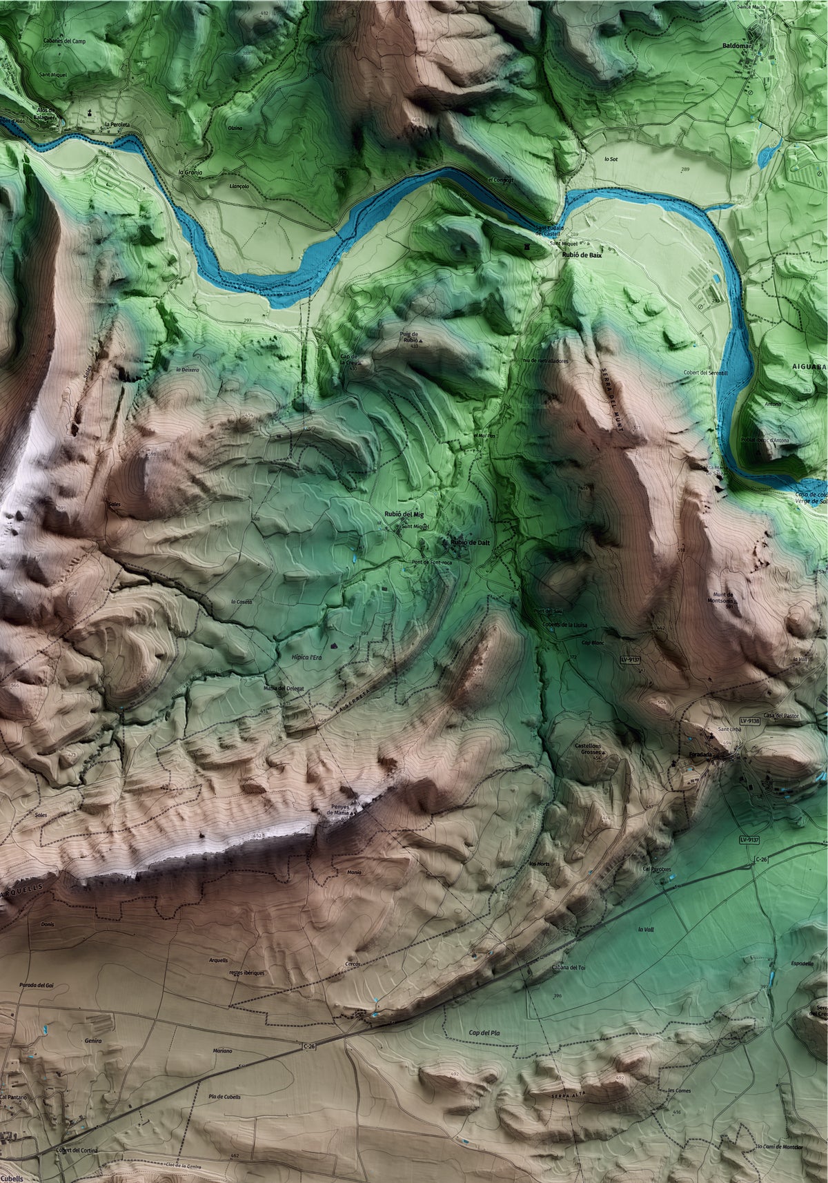 Mapa artístico del relieve de Cubells, a la Noguera, con 15 km de entorno y base topográfica ICGC. Detalle de la zona superior derecha.