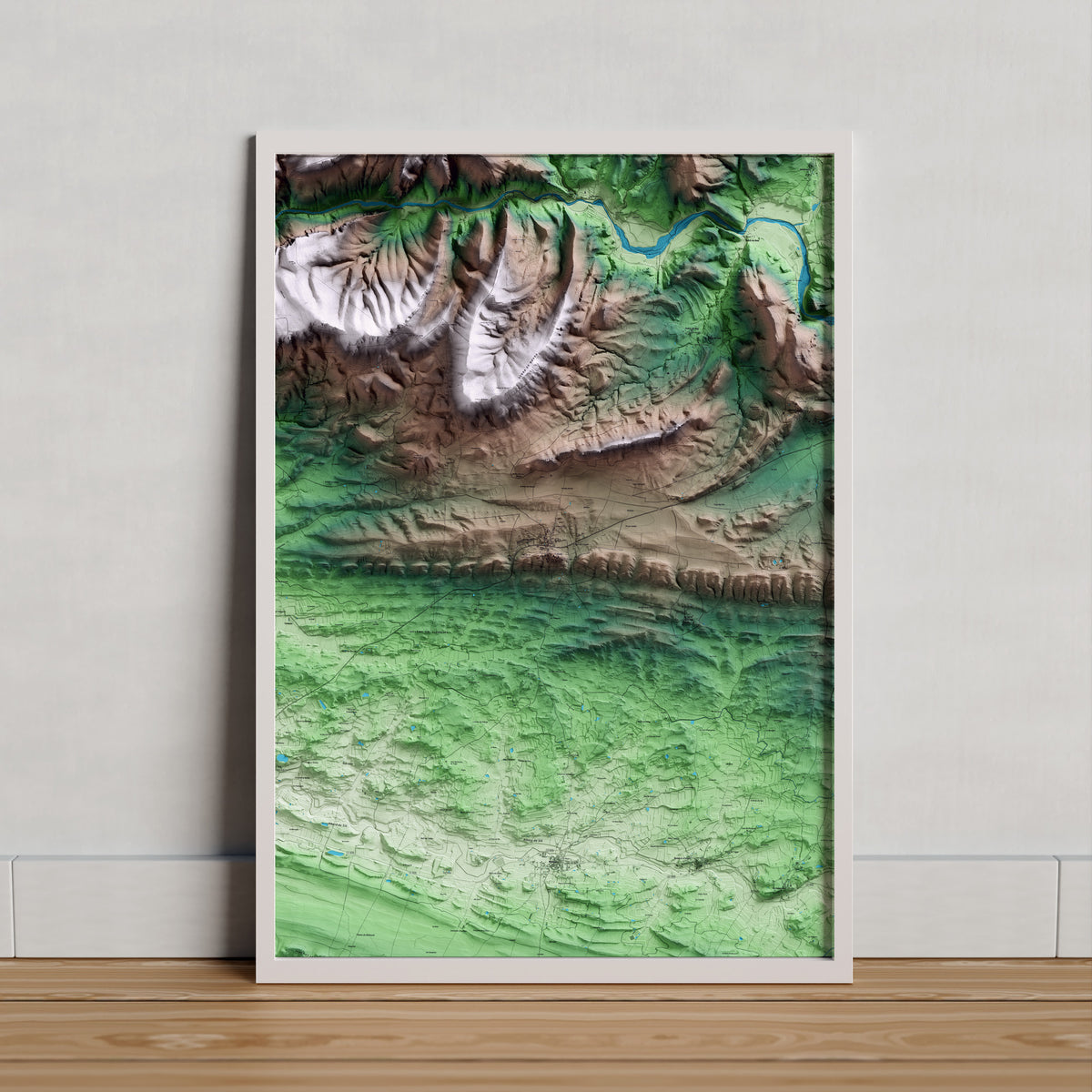 Mapa artístico del relieve de Cubells, a la Noguera, con 15 km de entorno y base topográfica ICGC. Presentación enmarcada.