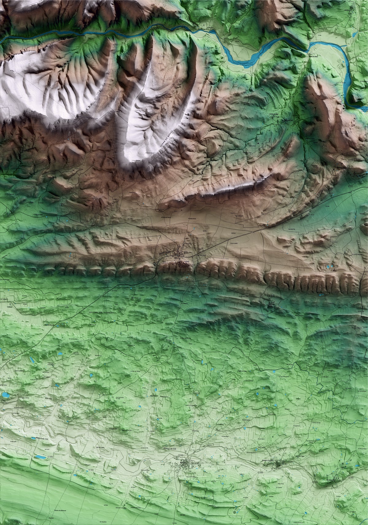 Mapa artístico del relieve de Cubells, a la Noguera, con 15 km de entorno y base topográfica ICGC