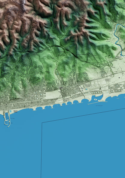 Mapa artístico del relieve de Cunit, al Baix Penedès, con 15 km de entorno y base topográfica ICGC. Detalle de la zona central.