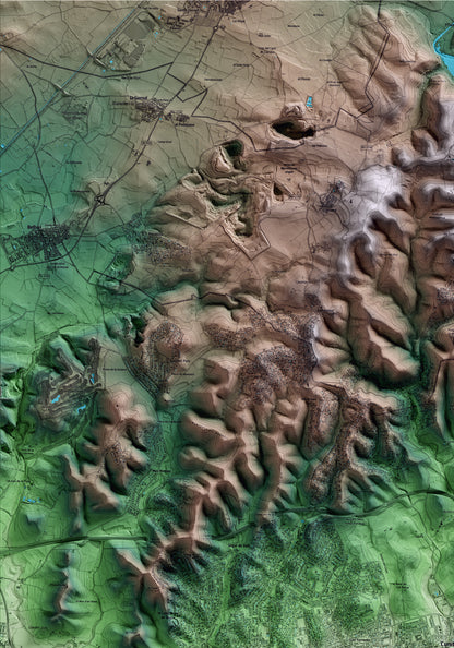 Mapa artístico del relieve de Cunit, al Baix Penedès, con 15 km de entorno y base topográfica ICGC. Detalle de la zona superior izquierda.