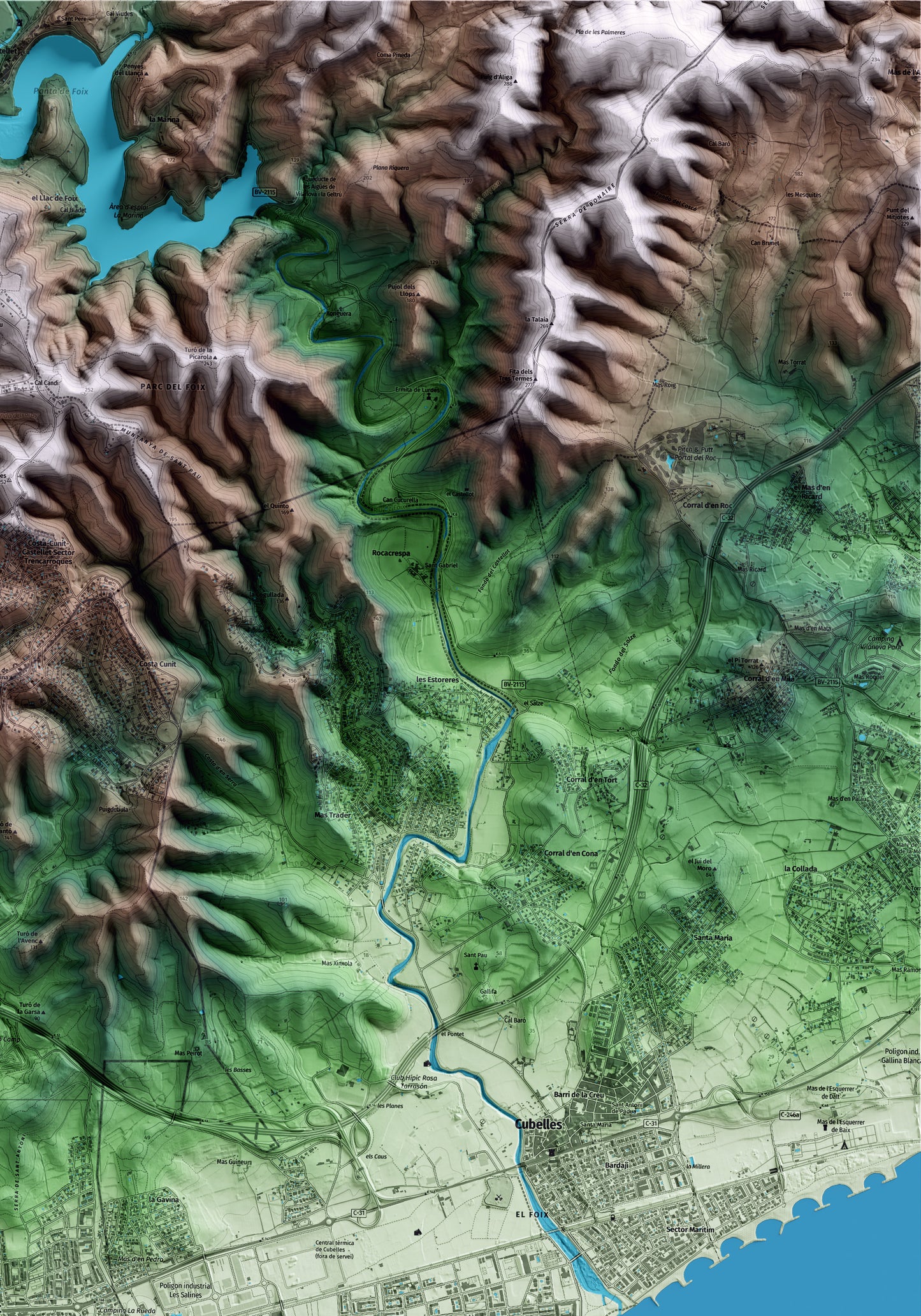 Mapa artístico del relieve de Cunit, al Baix Penedès, con 15 km de entorno y base topográfica ICGC. Detalle de la zona superior derecha.