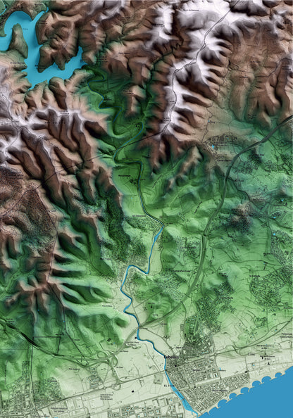 Mapa artístico del relieve de Cunit, al Baix Penedès, con 15 km de entorno y base topográfica ICGC. Detalle de la zona superior derecha.