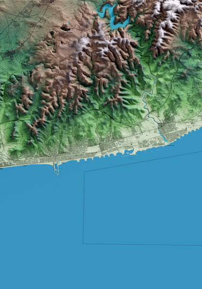 Mapa artístico del relieve de Cunit, al Baix Penedès, con 15 km de entorno y base topográfica ICGC