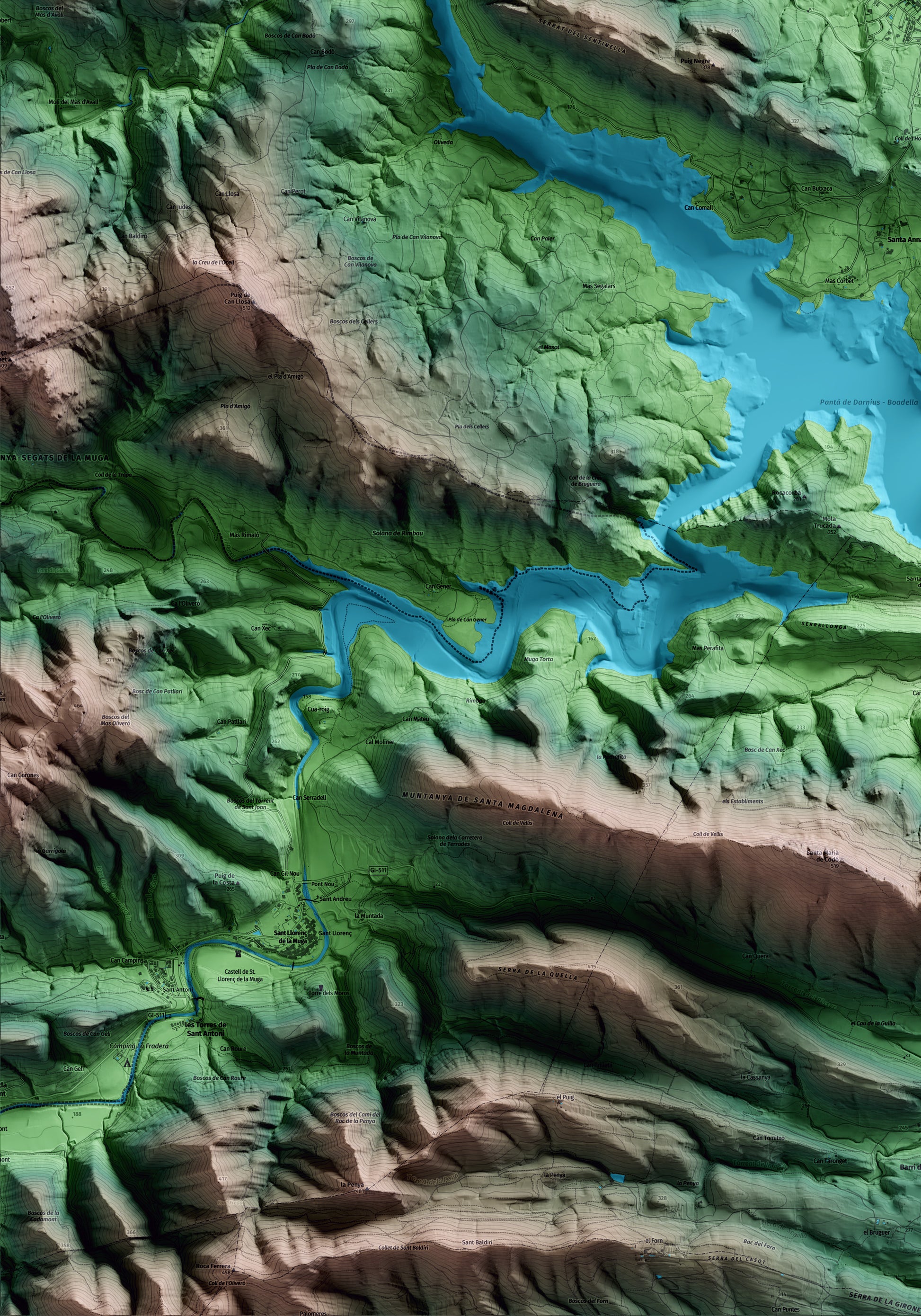 Mapa artístico del relieve de Darnius, al Alt Empordà, con 15 km de entorno y base topográfica ICGC. Detalle de la zona inferior izquierda.