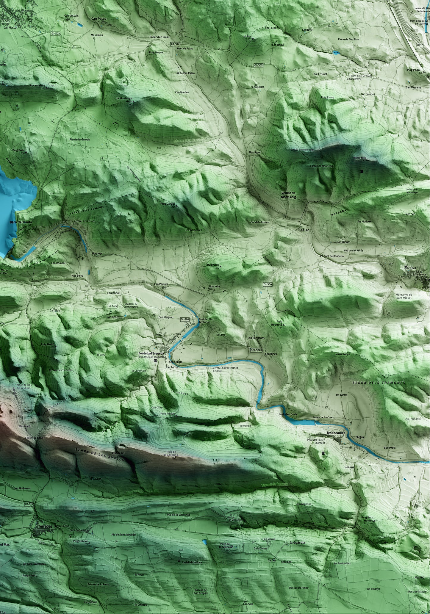 Mapa artístico del relieve de Darnius, al Alt Empordà, con 15 km de entorno y base topográfica ICGC. Detalle de la zona inferior derecha.