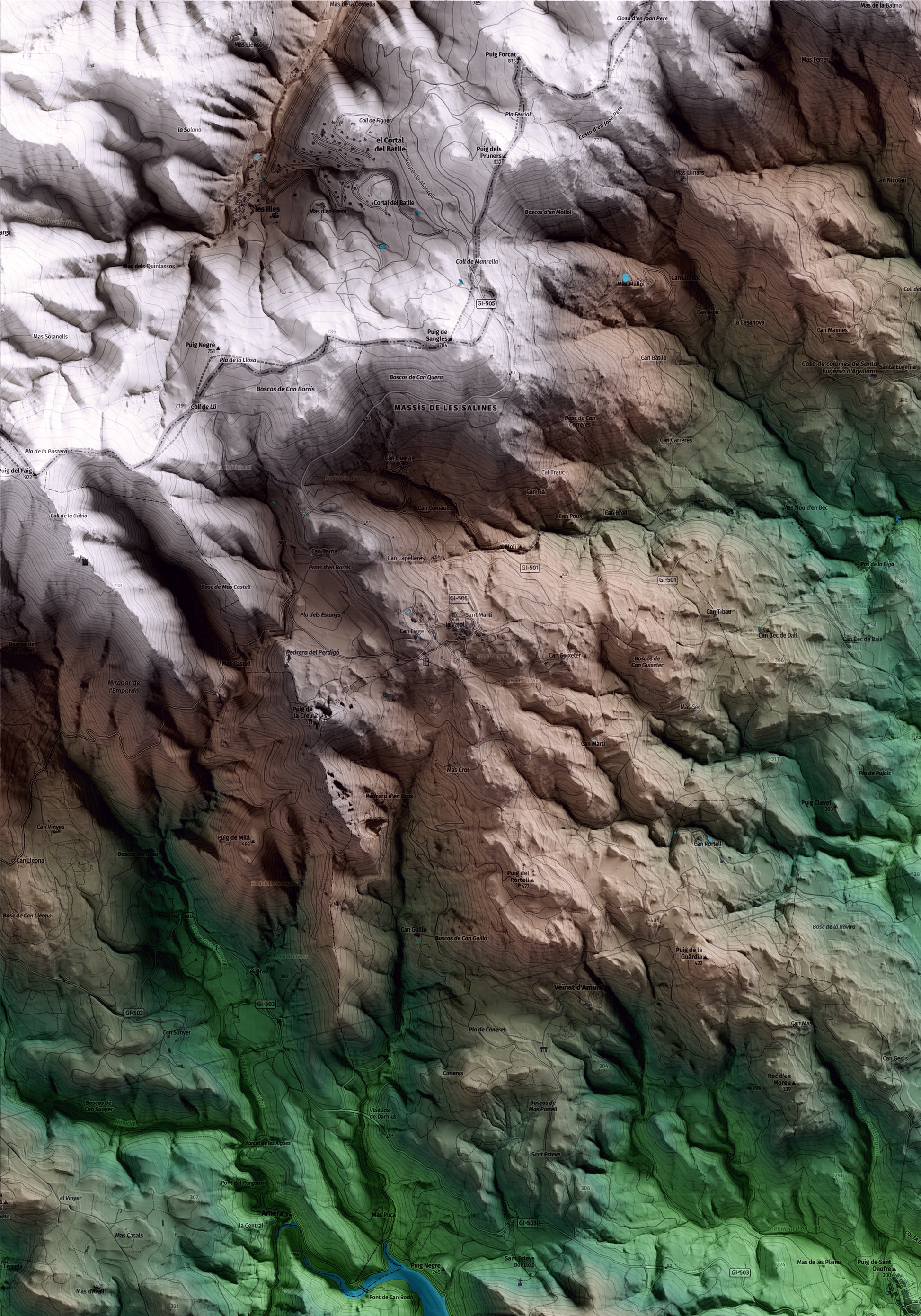 Mapa artístico del relieve de Darnius, al Alt Empordà, con 15 km de entorno y base topográfica ICGC. Detalle de la zona superior izquierda.