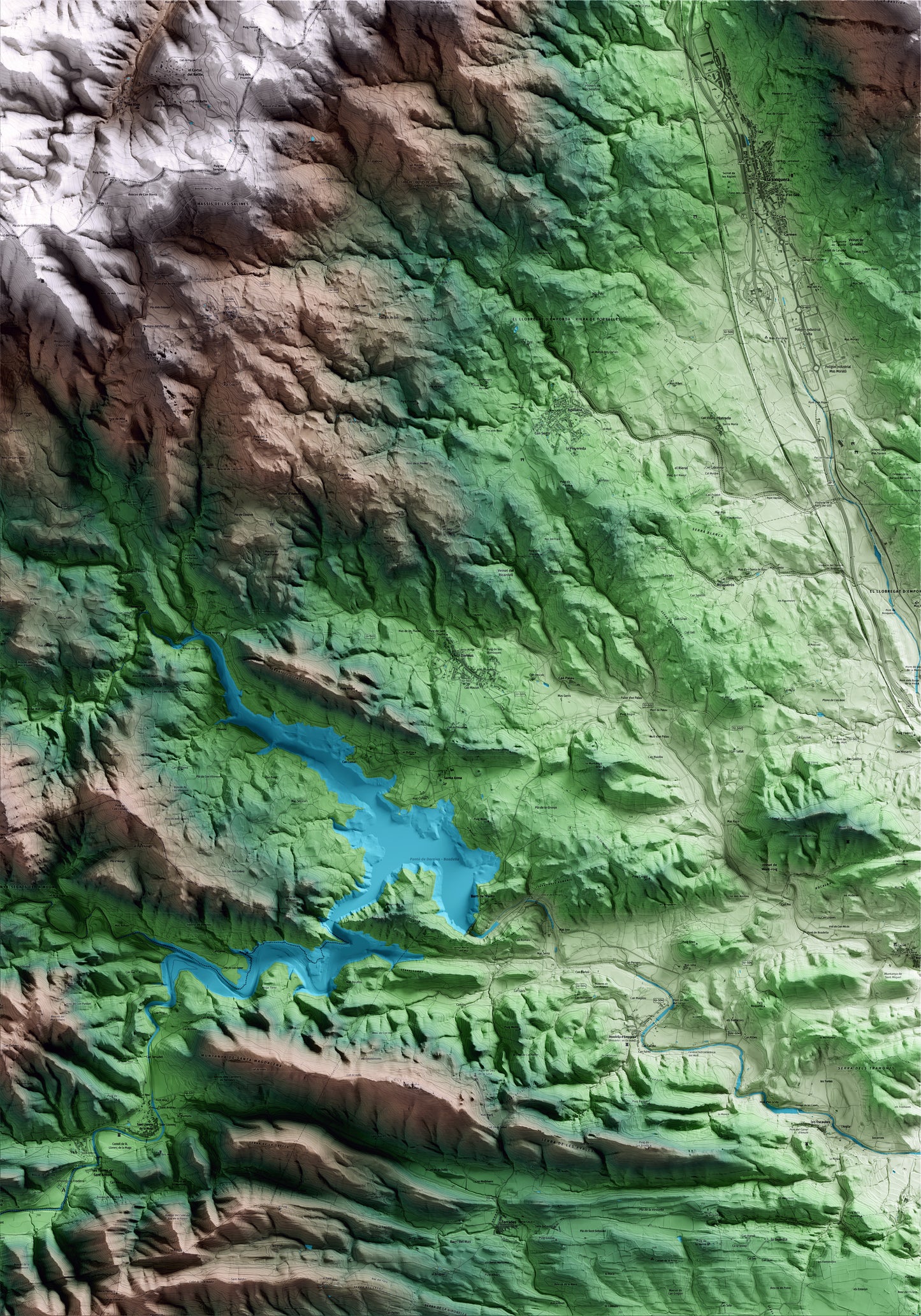 Mapa artístico del relieve de Darnius, al Alt Empordà, con 15 km de entorno y base topográfica ICGC