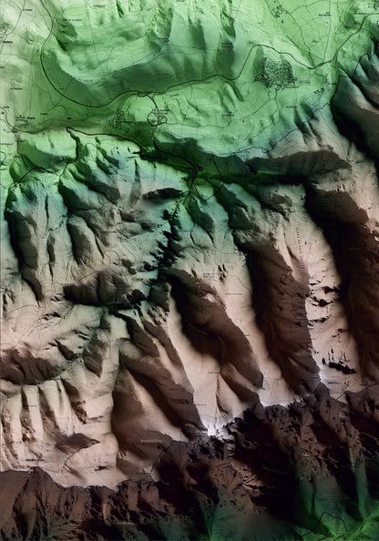 Mapa artístico del relieve de Das, a la Cerdanya, con 15 km de entorno y base topográfica ICGC. Detalle de la zona inferior izquierda.