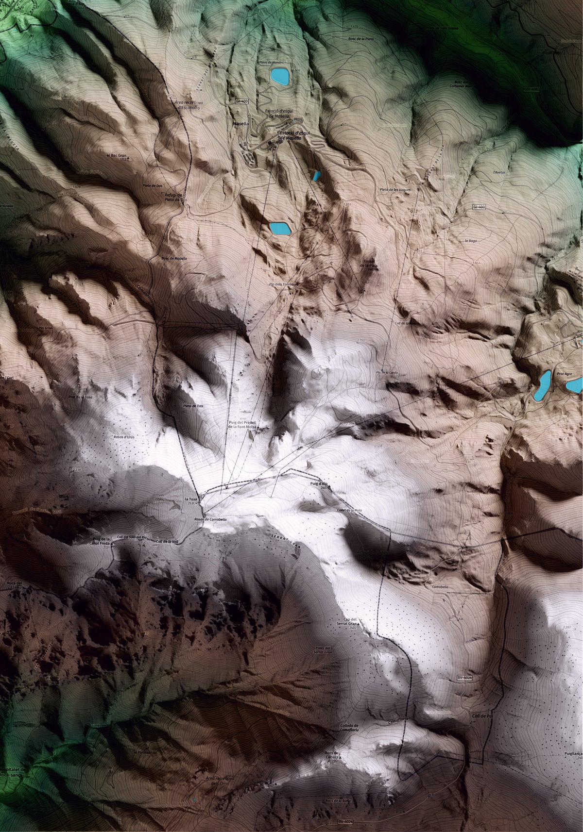 Mapa artístico del relieve de Das, a la Cerdanya, con 15 km de entorno y base topográfica ICGC. Detalle de la zona inferior derecha.