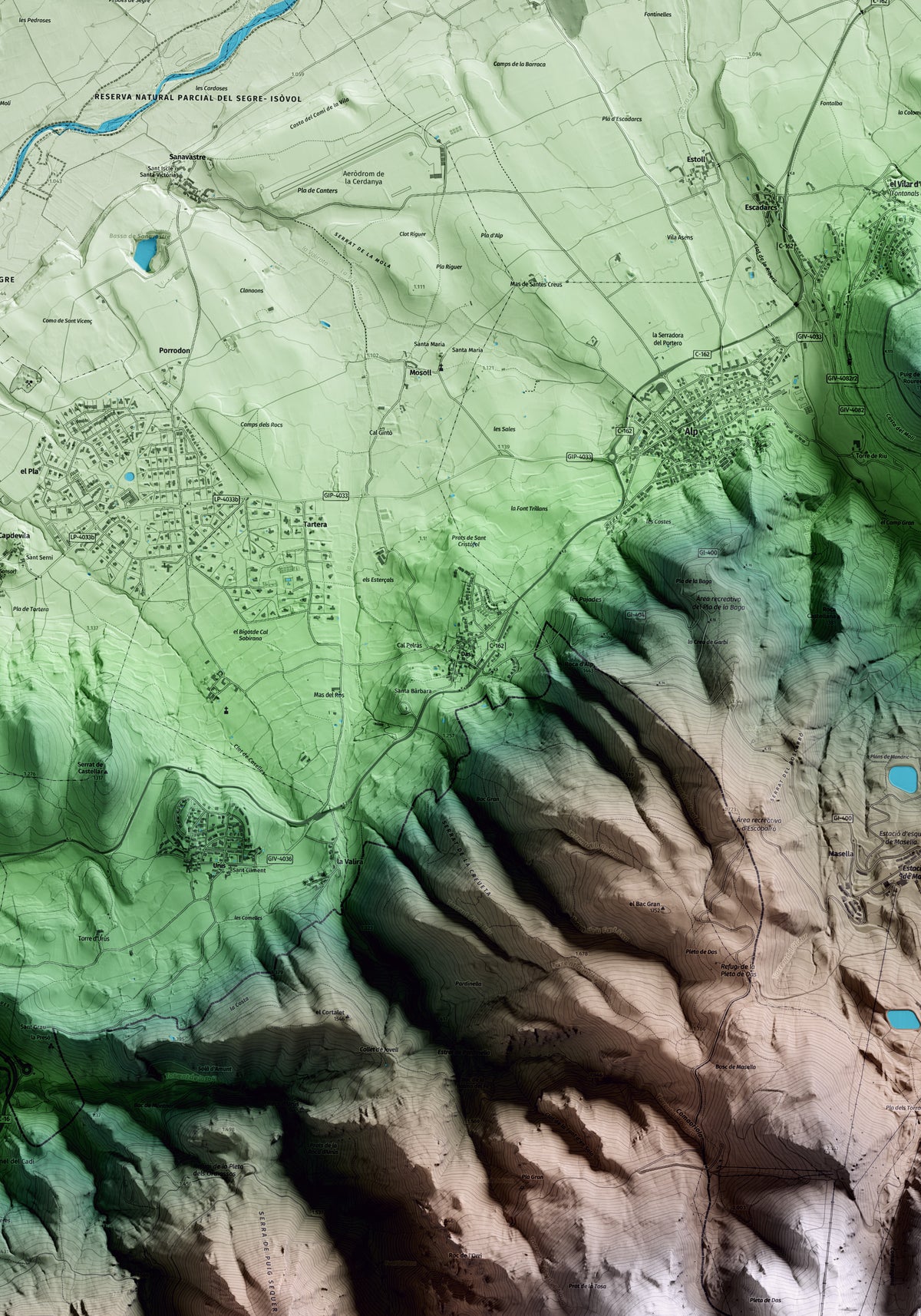 Mapa artístico del relieve de Das, a la Cerdanya, con 15 km de entorno y base topográfica ICGC. Detalle de la zona central.