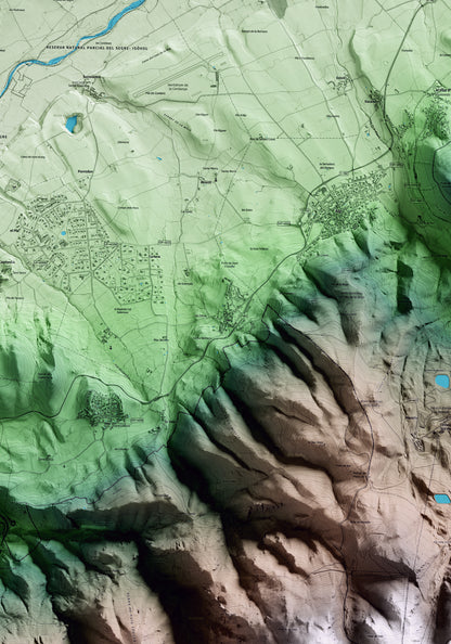 Mapa artístico del relieve de Das, a la Cerdanya, con 15 km de entorno y base topográfica ICGC. Detalle de la zona central.