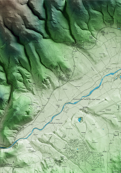 Mapa artístico del relieve de Das, a la Cerdanya, con 15 km de entorno y base topográfica ICGC. Detalle de la zona superior izquierda.