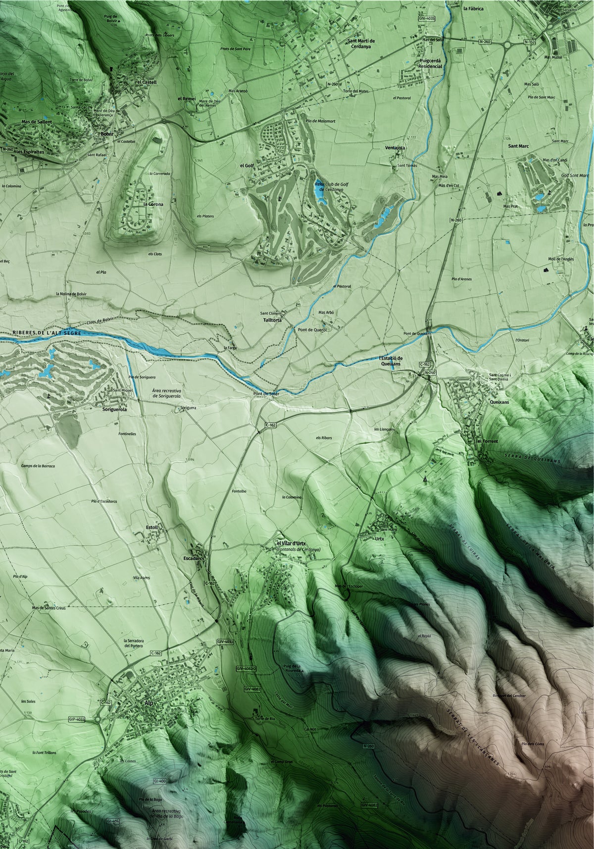 Mapa artístico del relieve de Das, a la Cerdanya, con 15 km de entorno y base topográfica ICGC. Detalle de la zona superior derecha.