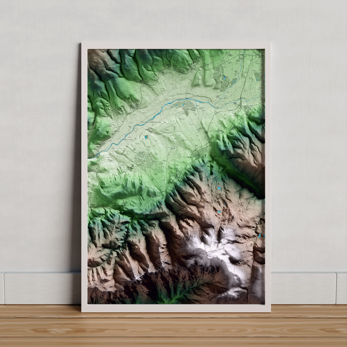Mapa artístico del relieve de Das, a la Cerdanya, con 15 km de entorno y base topográfica ICGC. Presentación enmarcada.