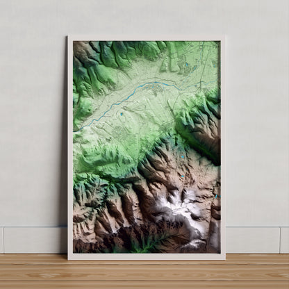 Mapa artístico del relieve de Das, a la Cerdanya, con 15 km de entorno y base topográfica ICGC. Presentación enmarcada.