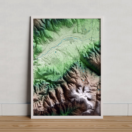 Mapa artístico del relieve de Das, a la Cerdanya, con 15 km de entorno y base topográfica ICGC. Presentación enmarcada.