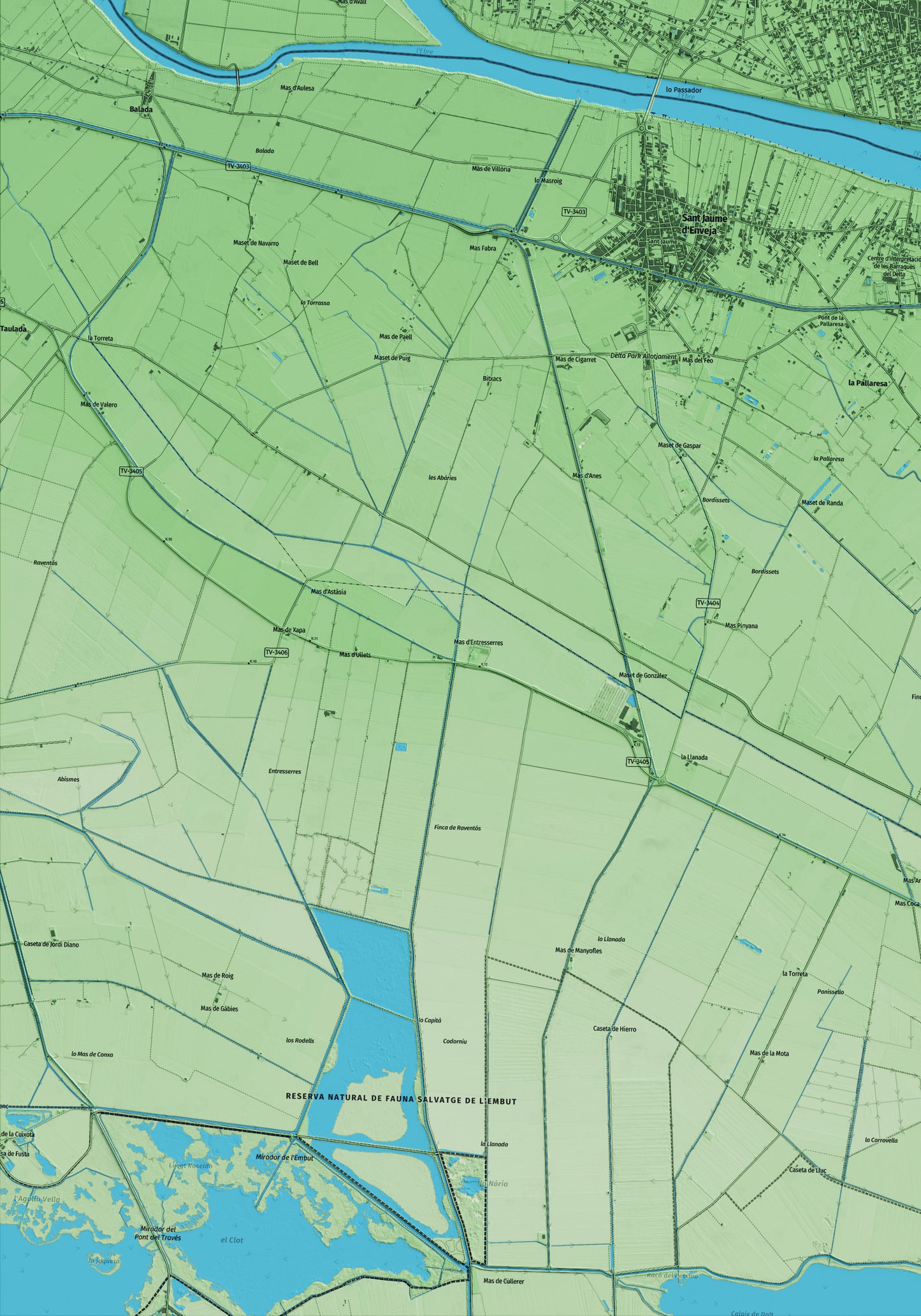 Mapa artístico del relieve de Deltebre, al Baix Ebre, con 15 km de entorno y base topográfica ICGC. Detalle de la zona inferior izquierda.