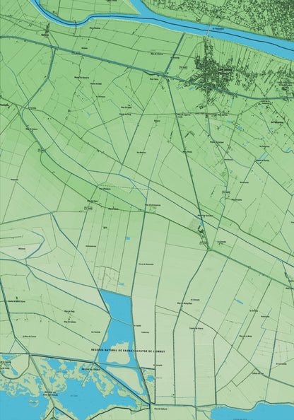 Mapa artístico del relieve de Deltebre, al Baix Ebre, con 15 km de entorno y base topográfica ICGC. Detalle de la zona inferior izquierda.