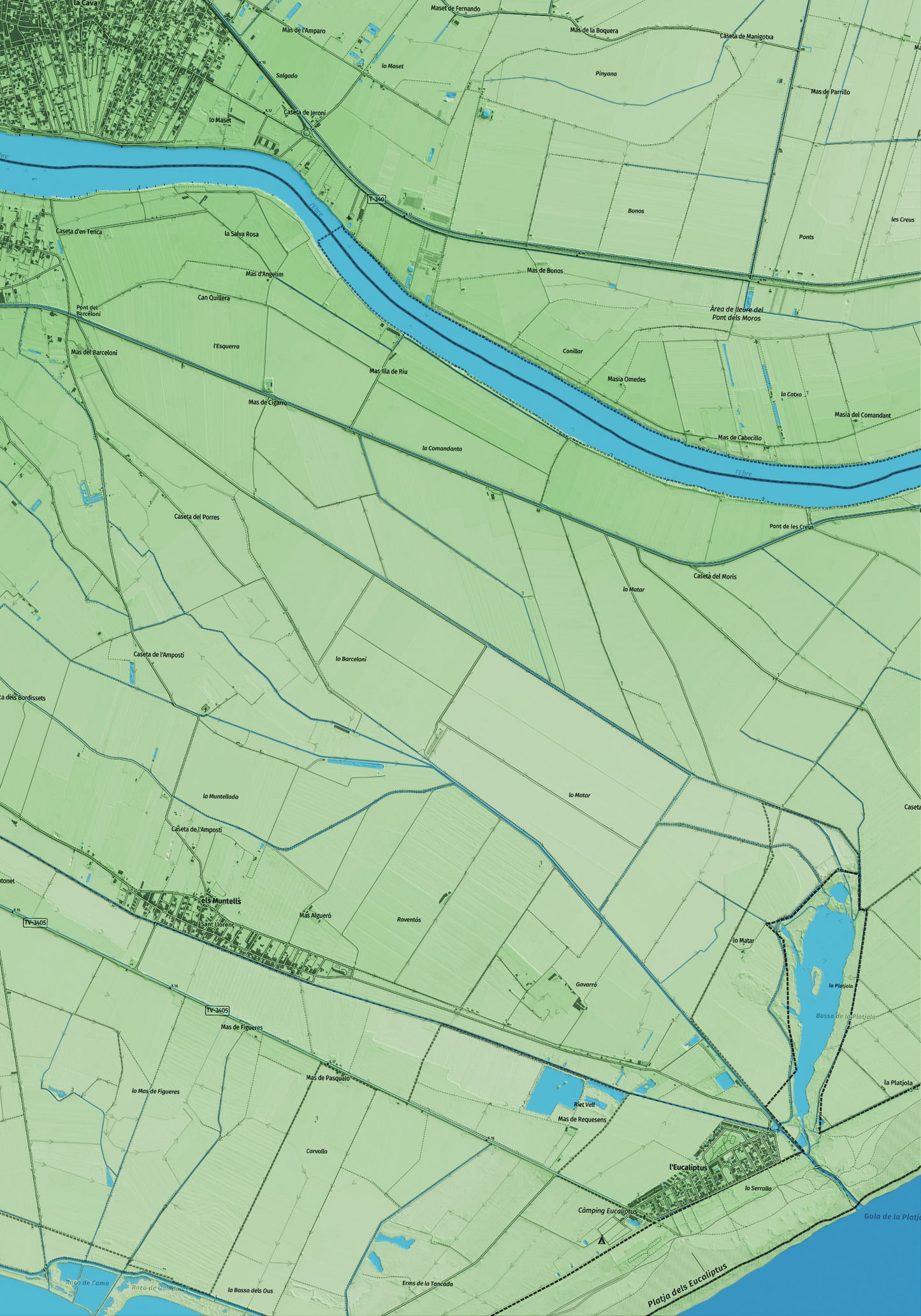 Mapa artístico del relieve de Deltebre, al Baix Ebre, con 15 km de entorno y base topográfica ICGC. Detalle de la zona inferior derecha.