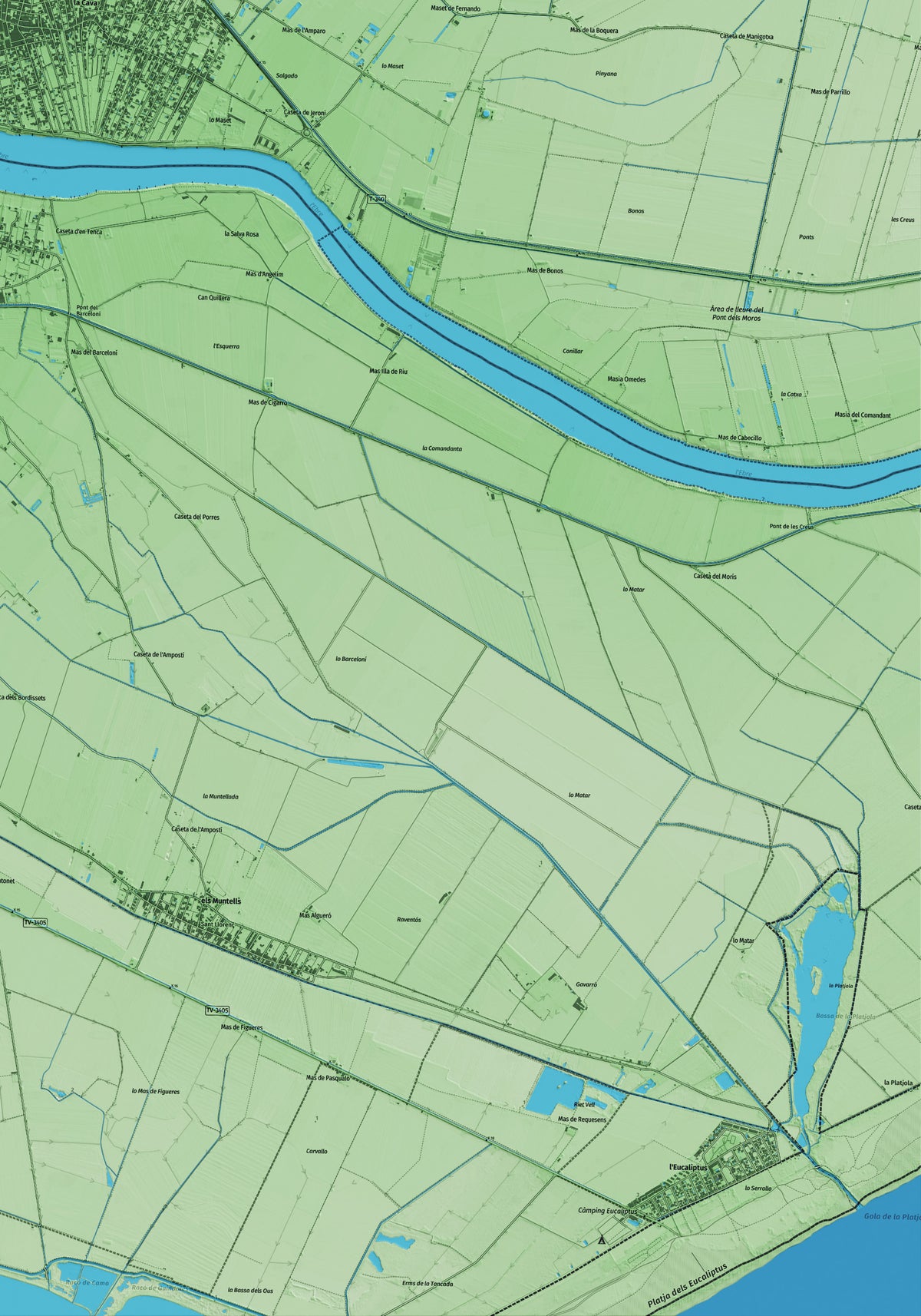 Mapa artístico del relieve de Deltebre, al Baix Ebre, con 15 km de entorno y base topográfica ICGC. Detalle de la zona inferior derecha.
