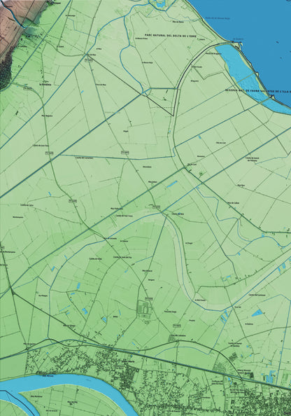 Mapa artístico del relieve de Deltebre, al Baix Ebre, con 15 km de entorno y base topográfica ICGC. Detalle de la zona superior izquierda.