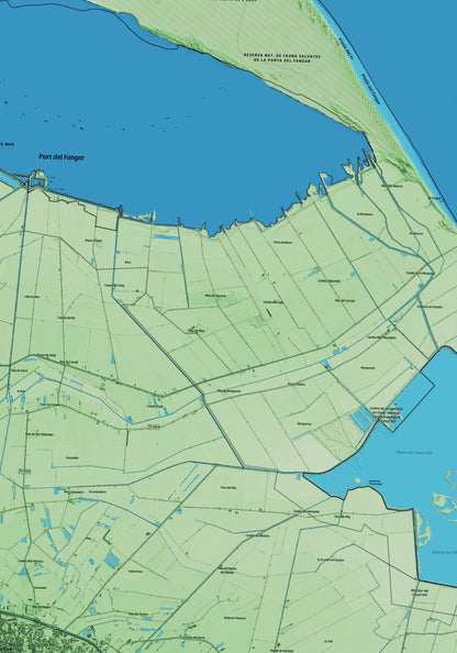 Mapa artístico del relieve de Deltebre, al Baix Ebre, con 15 km de entorno y base topográfica ICGC. Detalle de la zona superior derecha.
