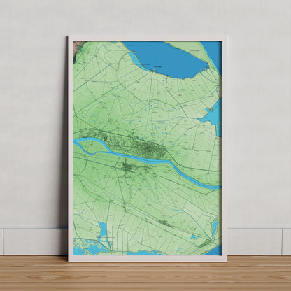 Mapa artístico del relieve de Deltebre, al Baix Ebre, con 15 km de entorno y base topográfica ICGC. Presentación enmarcada.