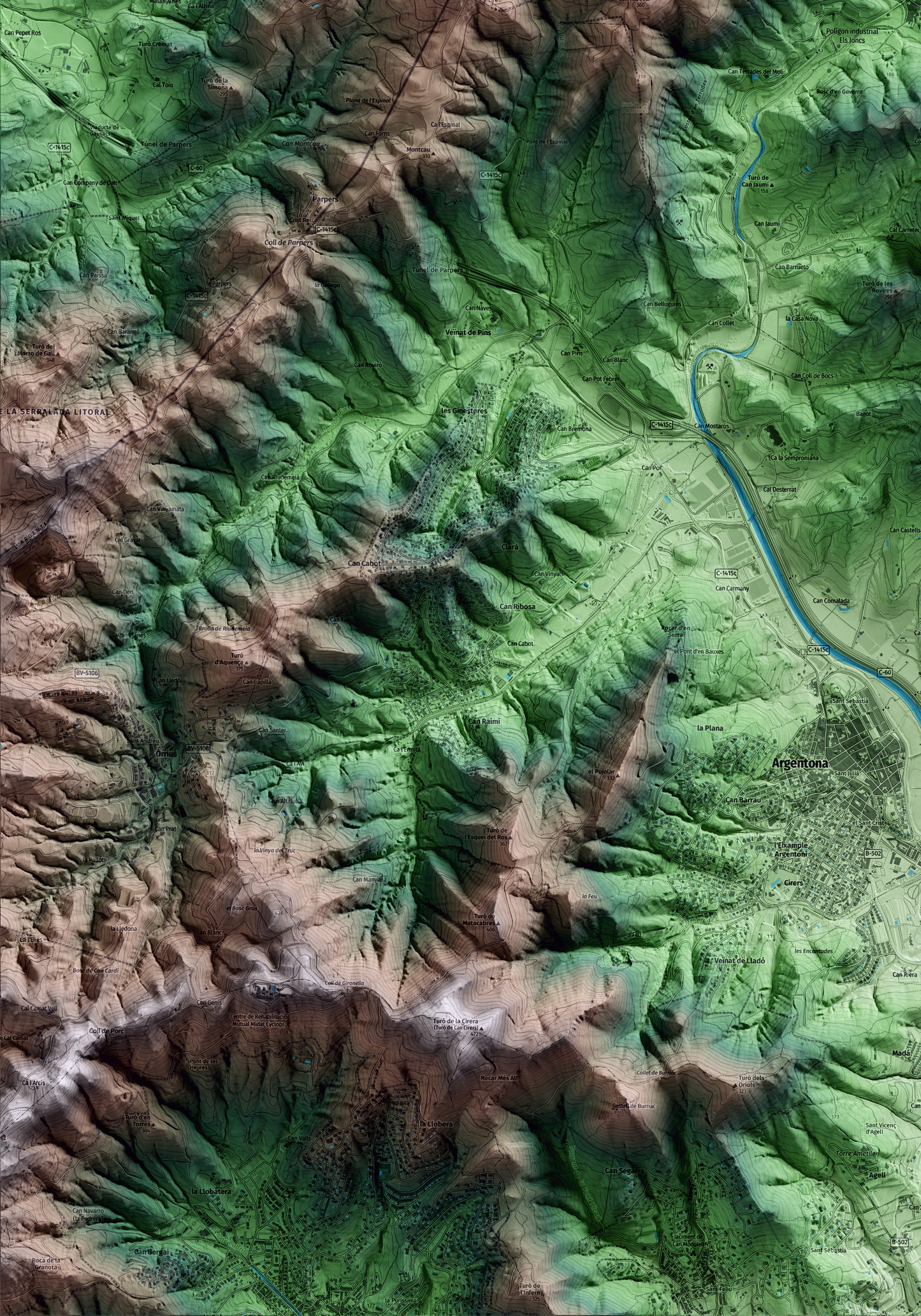 Mapa artístico del relieve de Dosrius, al Maresme, con 15 km de entorno y base topográfica ICGC. Detalle de la zona inferior izquierda.
