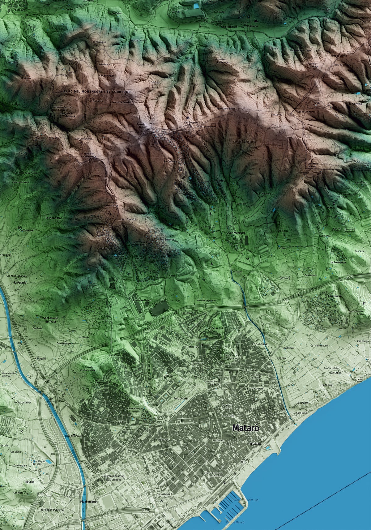 Mapa artístico del relieve de Dosrius, al Maresme, con 15 km de entorno y base topográfica ICGC. Detalle de la zona inferior derecha.