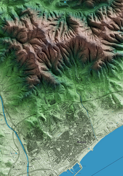 Mapa artístico del relieve de Dosrius, al Maresme, con 15 km de entorno y base topográfica ICGC. Detalle de la zona inferior derecha.