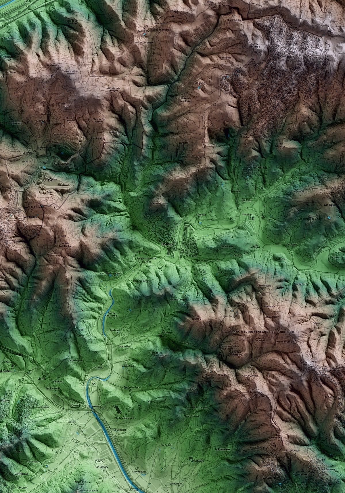 Mapa artístico del relieve de Dosrius, al Maresme, con 15 km de entorno y base topográfica ICGC. Detalle de la zona central.