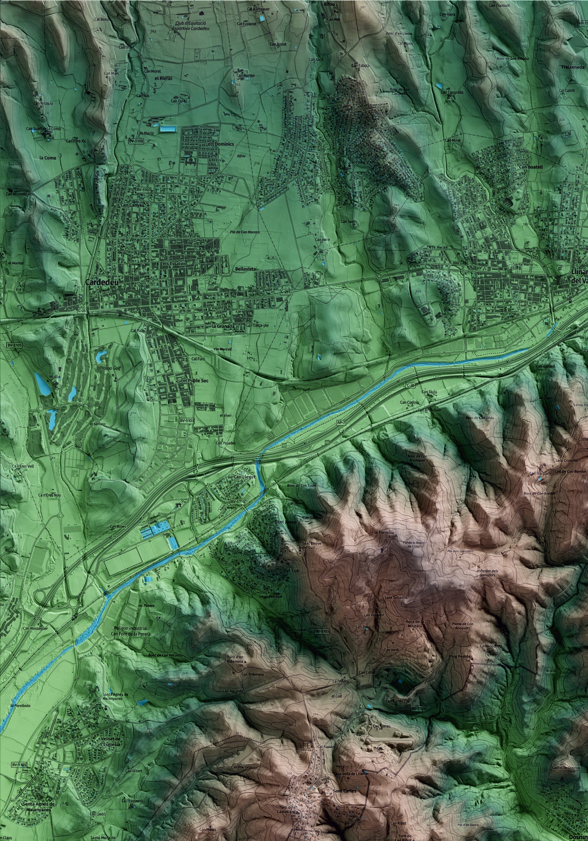 Mapa artístico del relieve de Dosrius, al Maresme, con 15 km de entorno y base topográfica ICGC. Detalle de la zona superior izquierda.
