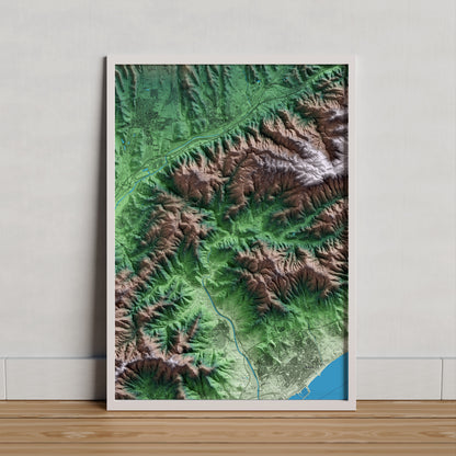 Mapa artístico del relieve de Dosrius, al Maresme, con 15 km de entorno y base topográfica ICGC. Presentación enmarcada.