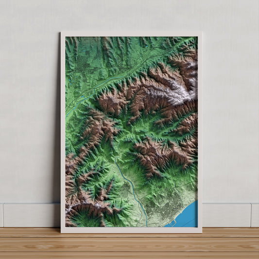 Mapa artístico del relieve de Dosrius, al Maresme, con 15 km de entorno y base topográfica ICGC. Presentación enmarcada.