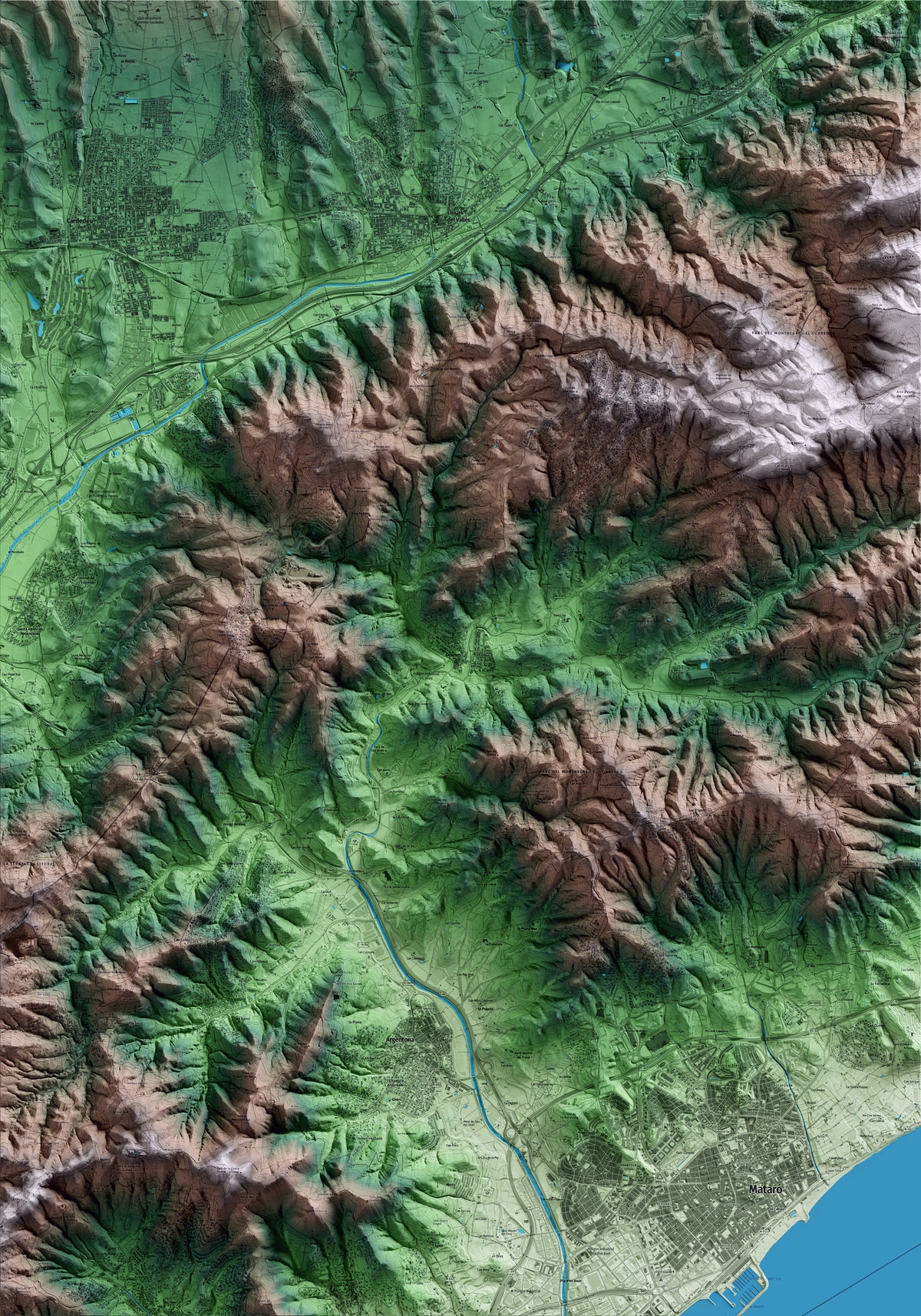 Mapa artístico del relieve de Dosrius, al Maresme, con 15 km de entorno y base topográfica ICGC